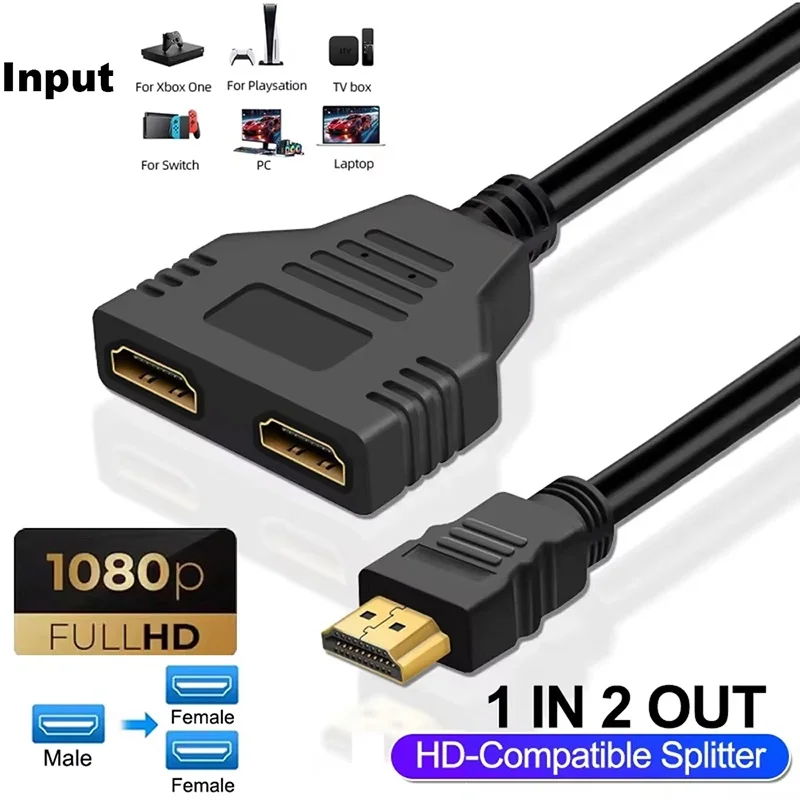 HDMI-compatible Splitter Cable 1080P Dual Port Splitter 1 In 2 Out Cable HDTV Male To Female Adapter For Laptops Monitor TV Box