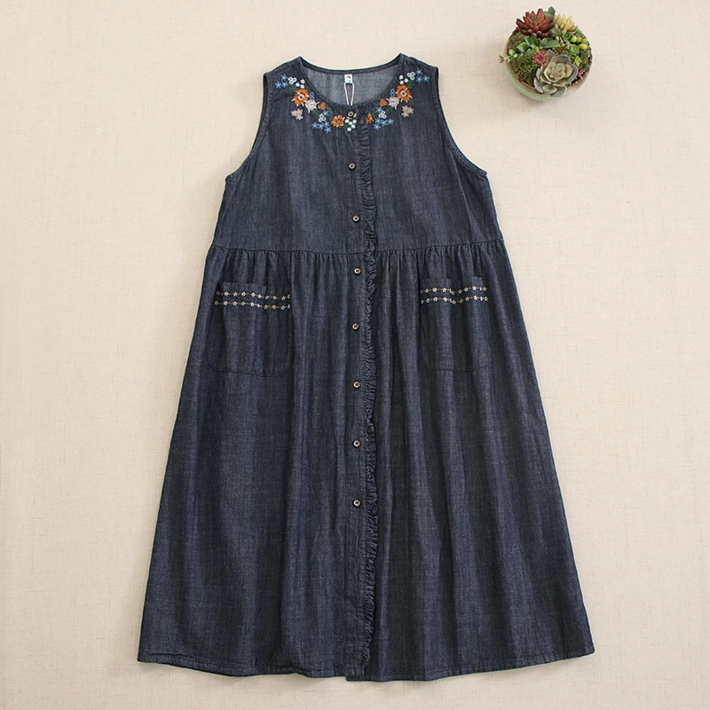 

Spring Autumn New Vintage Flower Embroidery Denim Cotton Tank Dress Women O-neck Sleeveless Single Breasted Casual Vest Dresses