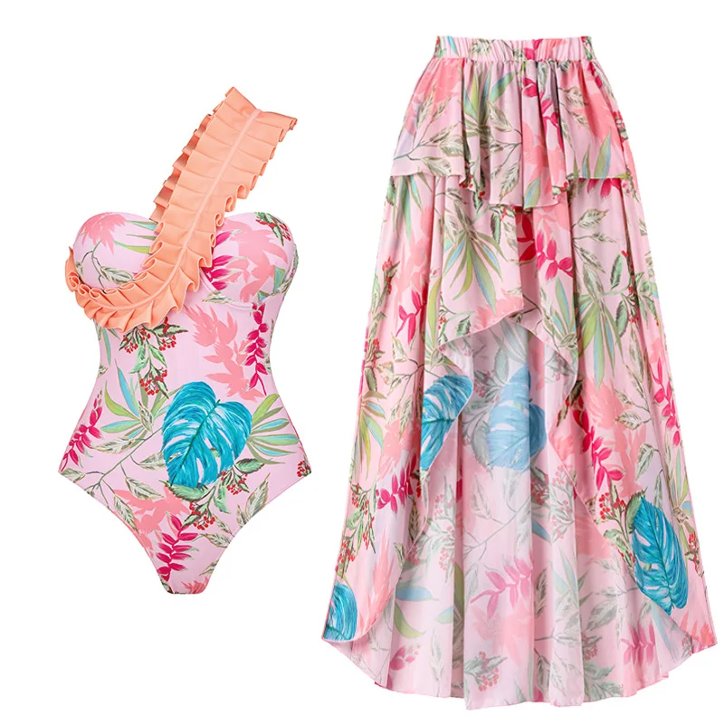One Piece Swimsuit For Women Ruffle Pleated Shoulder Floral One-piece Swimsuit Women's Foreign Trade Swimsuit Amazon