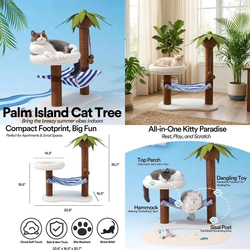 

Летний кошачий комплекс «Кокосовый остров» с гамаком, лежанкой, когтеточкой в виде тропической пальмы, уютным домиком и сизалевой веревочной башней для лазания
