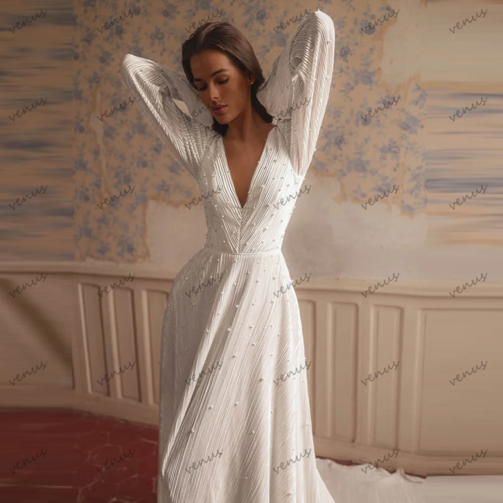 Vestidos De Novia bohemios, Vestidos De Novia De línea A, batas con gradas De encaje, cuello en V profundo, mangas acampanadas, Vestidos modernos De Novia personalizados 2026