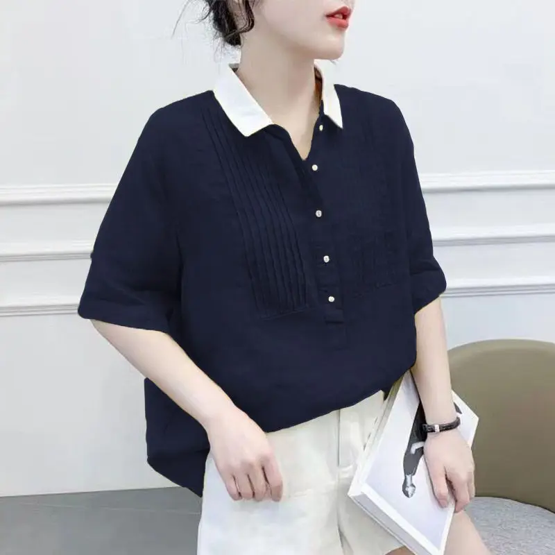 Vintage Loose All-match Contrast Shirt Tops Summer New Polo Neck Short Sleeve Solid Color Blouse Fashion Casual Women Clothing