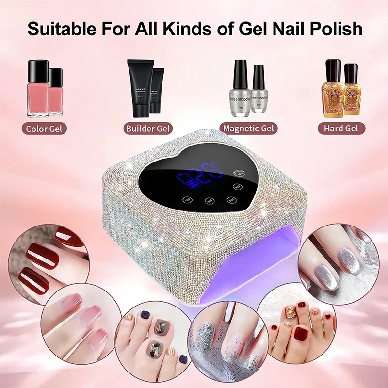 Lámpara LED UV para uñas, luz UV inalámbrica recargable de 72W para uñas con diamantes de imitación en forma de corazón, máquina de manicura y pedicura, herramientas para uñas