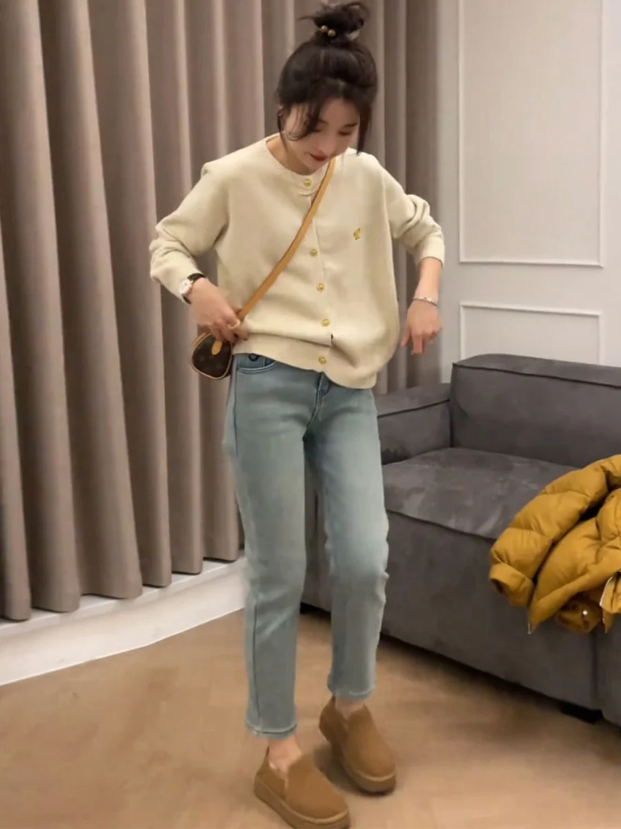 하이웨이스트 스트레이트 레그 데님 진 여성용 봄 가을 신상 플러스 사이즈 신축성 슬림핏 9부 바지