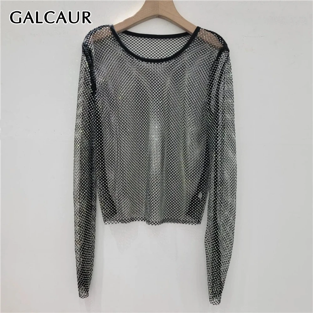 

GALCAUR черная сексуальная женская рубашка с круглым вырезом и длинным рукавом для похудения, вечерние прозрачные женские рубашки, летний стиль, мода