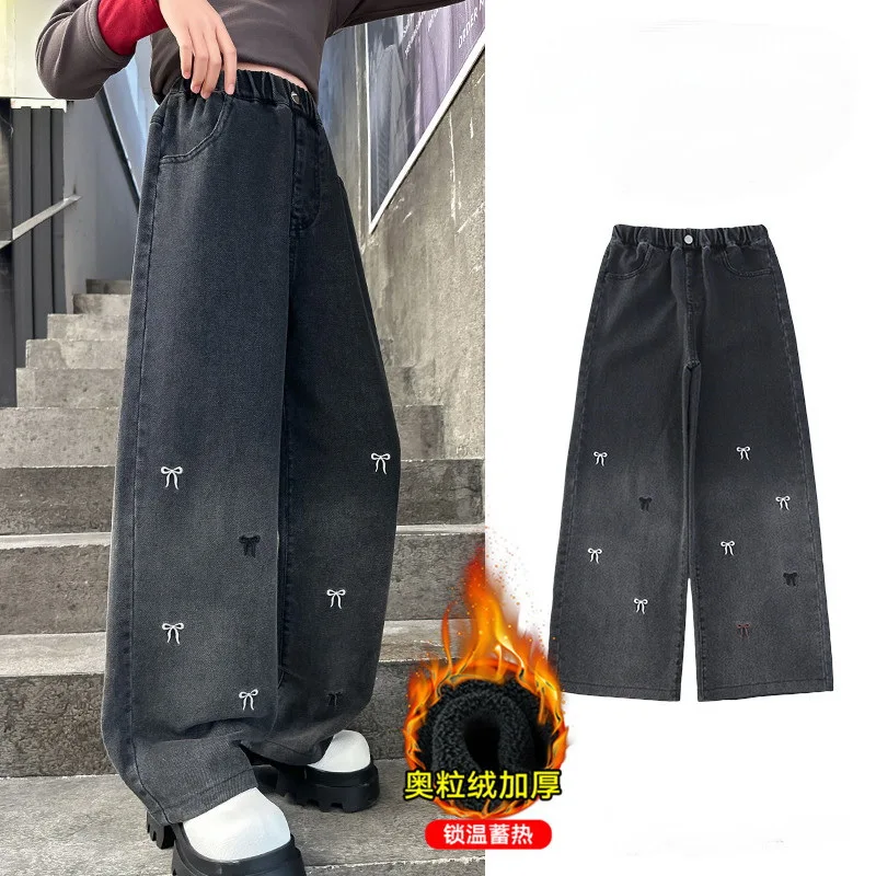 나비 자수 어린이 겨울 느슨한 청바지, 여아용 따뜻한 바지, 양털 안감 두꺼운 바지, 청소년용