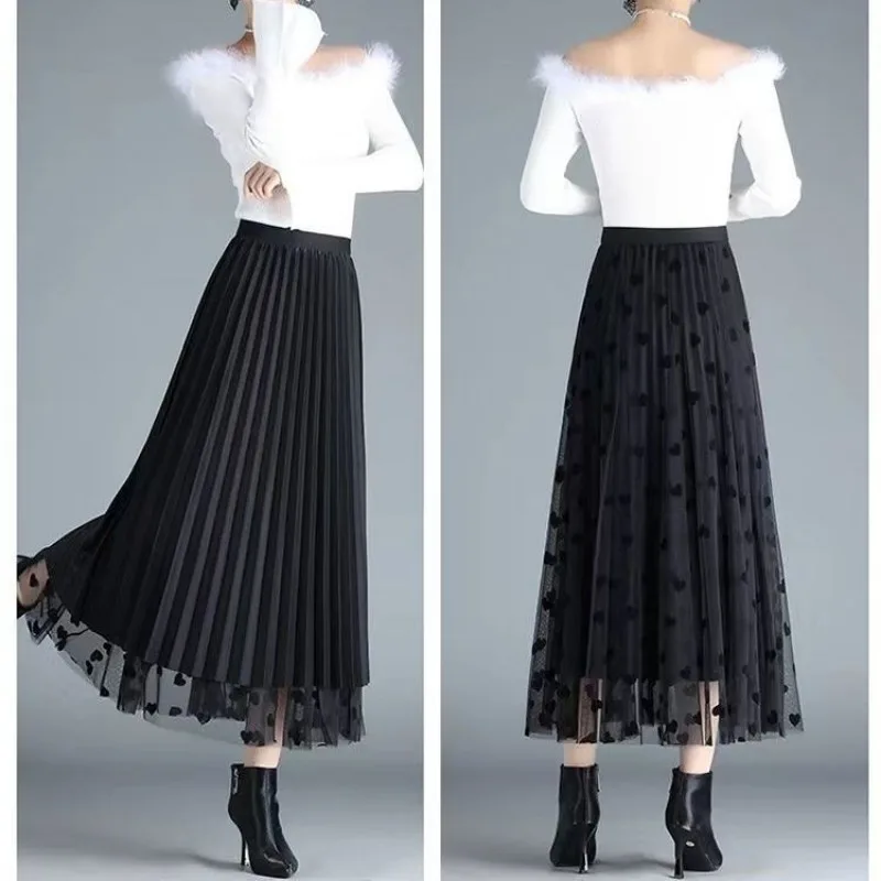 New Polka Dot Mesh Skirt  Women High Waist A Line Long Skirt Two Side Wear Pleated Skirts Print Harajuku Vintage Clothes Fashion