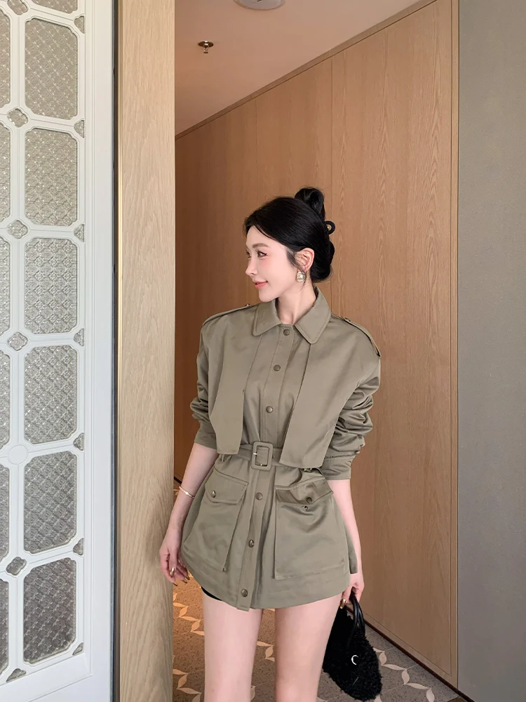 

Женская приталенная хлопковая куртка с карманами, модная рабочая одежда, пальто с воротником-стойкой, с регулировкой талии, зимняя ветровка