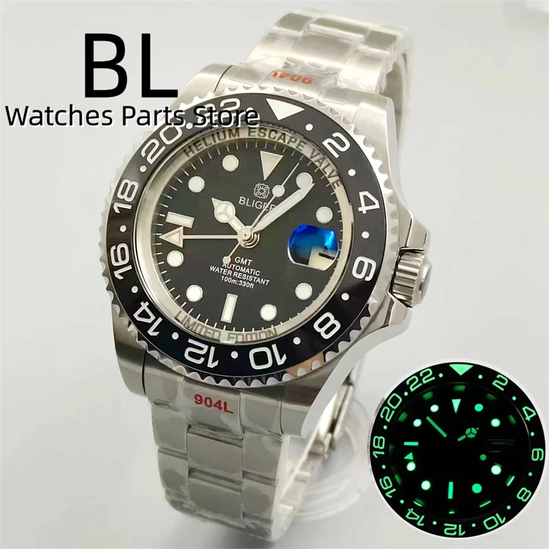 BLIGER 43mm GMT Watch NH34 Automatic Chapter Ring Case Luminous Bezel Black Dial AR Sapphire Glass Magnified Date Waterproof