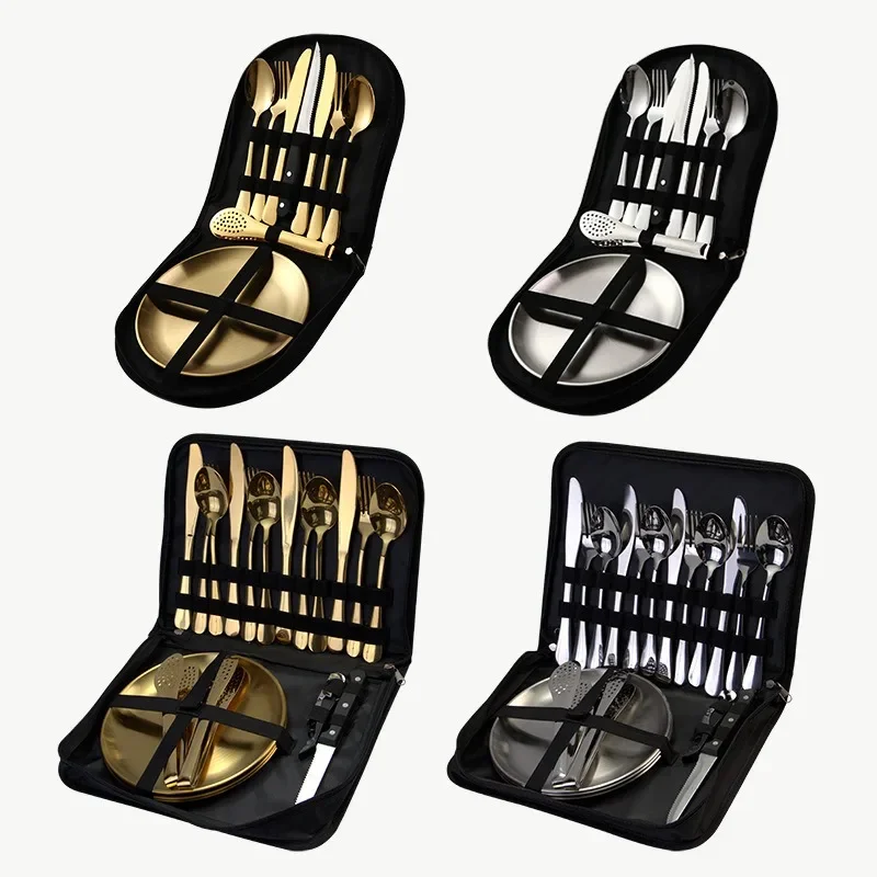 10PCS-20PCS Camping Tableware Set Portable Cutlery Kit Stainless Steel Picnic Gold Disc Steak Knifes Forks Spoon Set with Bag