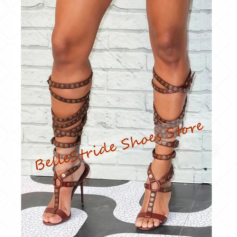 

Brown Round Buckle Decor Sandals Open Toe Fashion Women Shoes Stilettos High Heels Party Banquet Dating 2025 Zapatos Para Mujere