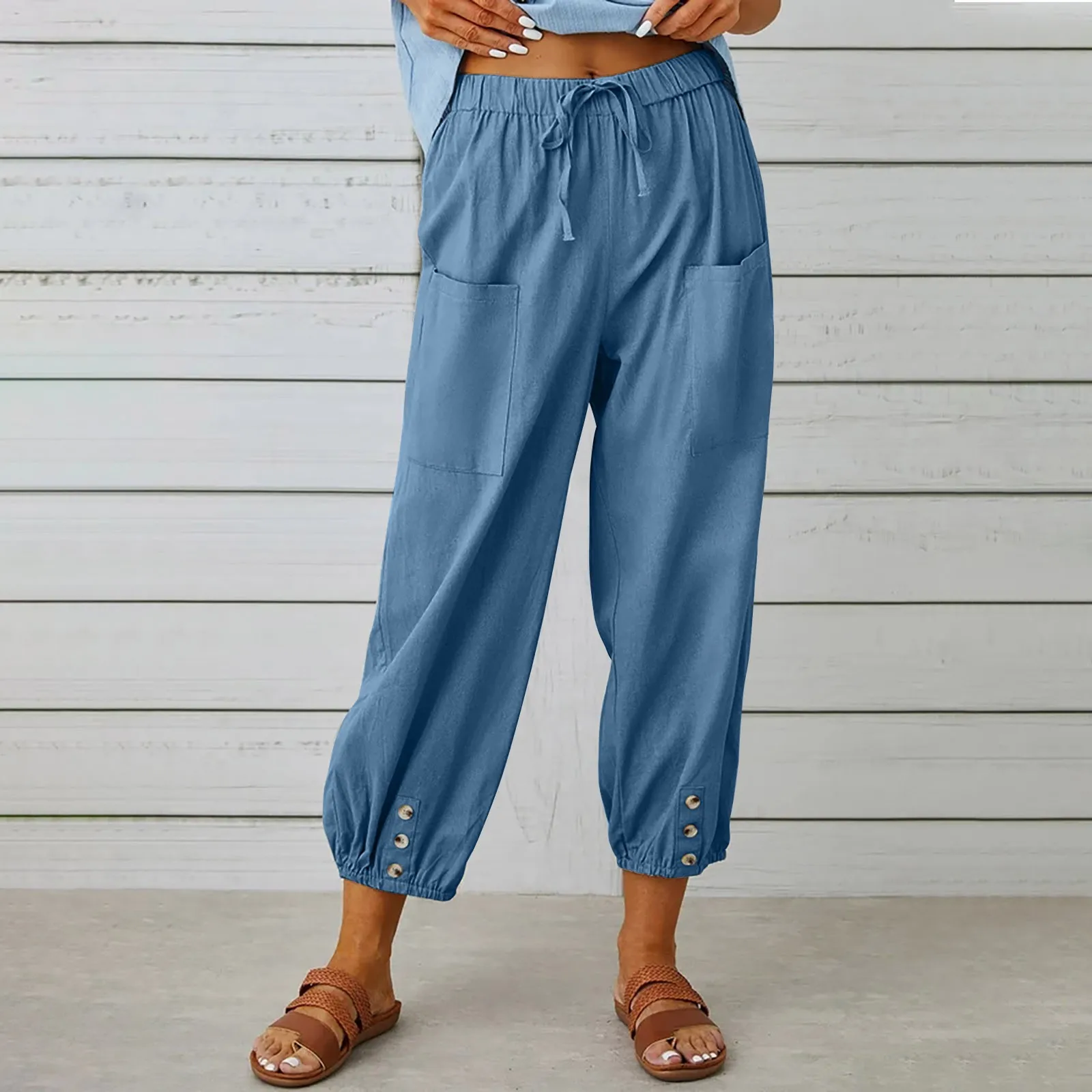 

Women Trousers Loose Cotton Linen Summer Solid Color High Waisted Straight Leg Pants Elastic Waist Cropped Wide Leg Long Pants