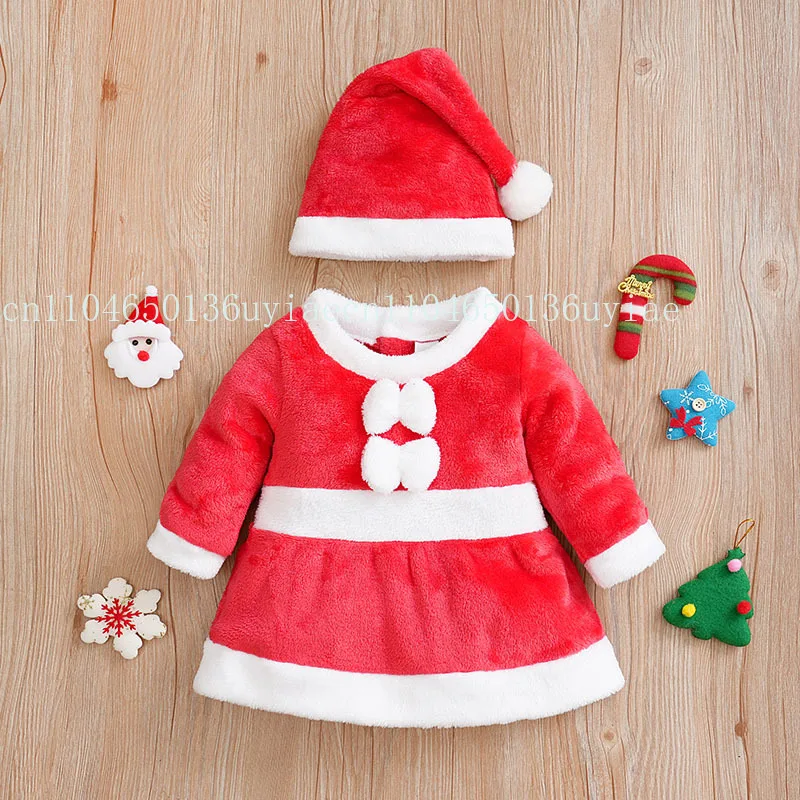 

Christmas Newborn Clothes Cute Bow Flannel Comfortable And Soft 0-18 Girls Autumn And Winter Long Sleeved Baby Skirt+Hat