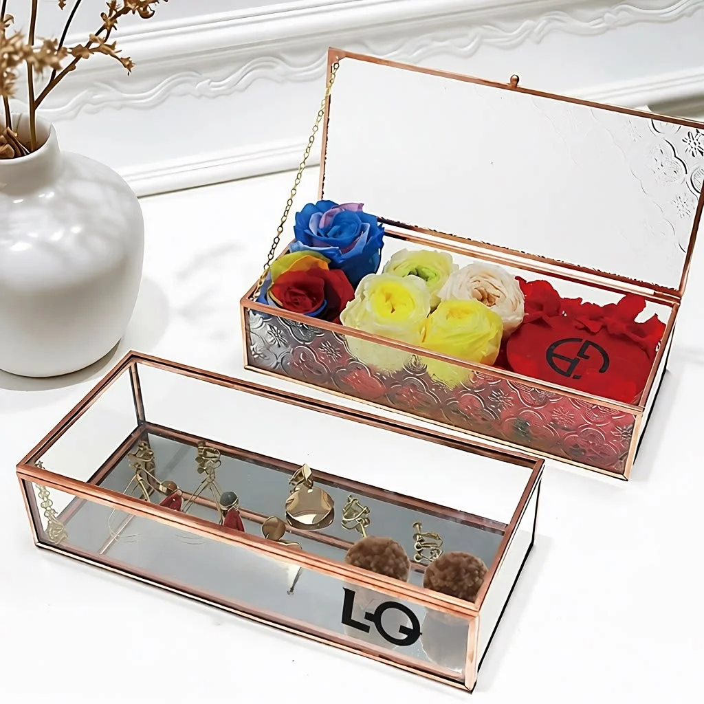 Simple European Style Glass Cosmetic Jewelry Storage Box Wedding Favor Organizer Rectangular Box for Living Room Storage