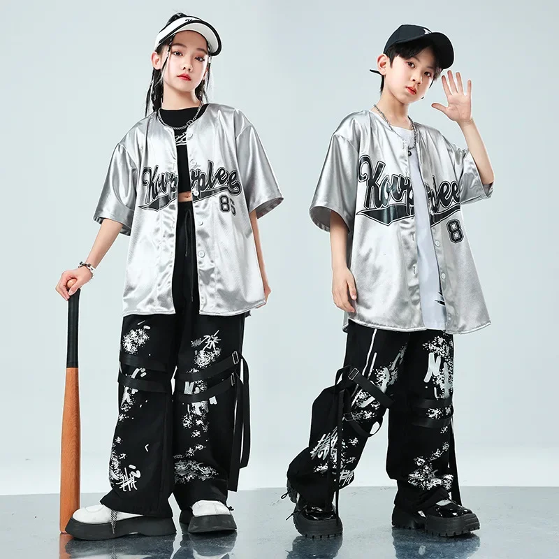 Children\'s Streetwear Dance Clothing Boy Girl Fashion Loose Jazz Hip Hop Baseball Shirt Pant Sets Kids Performance Costumes