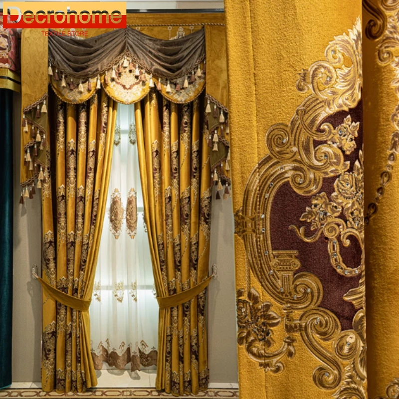 

European Golden Dubai Jacquard Thickened Velvet Curtains for Embroidered Window Screens Customized Living Room Bedroom Villa