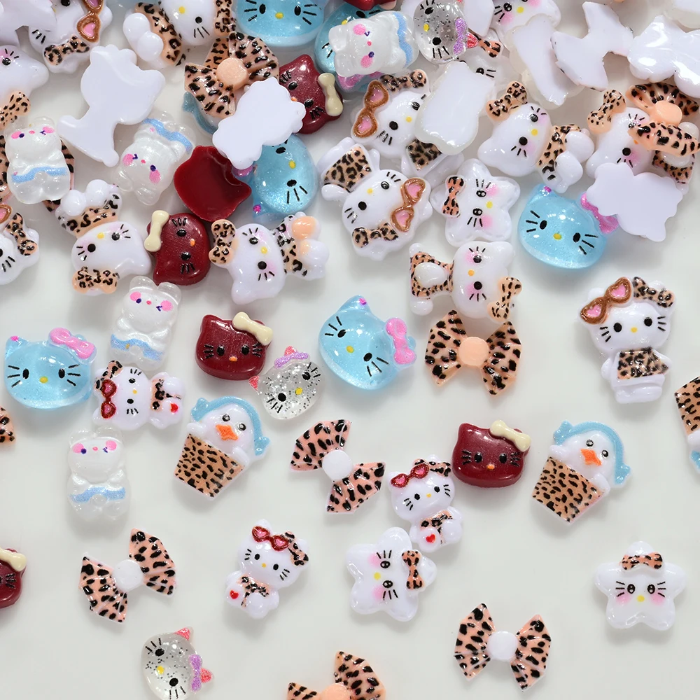 12 شبكة ليوبارد طباعة سلسلة مرحبا كيتي مسمار السحر Kawaii ليوبارد Bowknot نظارات كيتي مسمار الفن حجر الراين الكرتون مسمار أجزاء