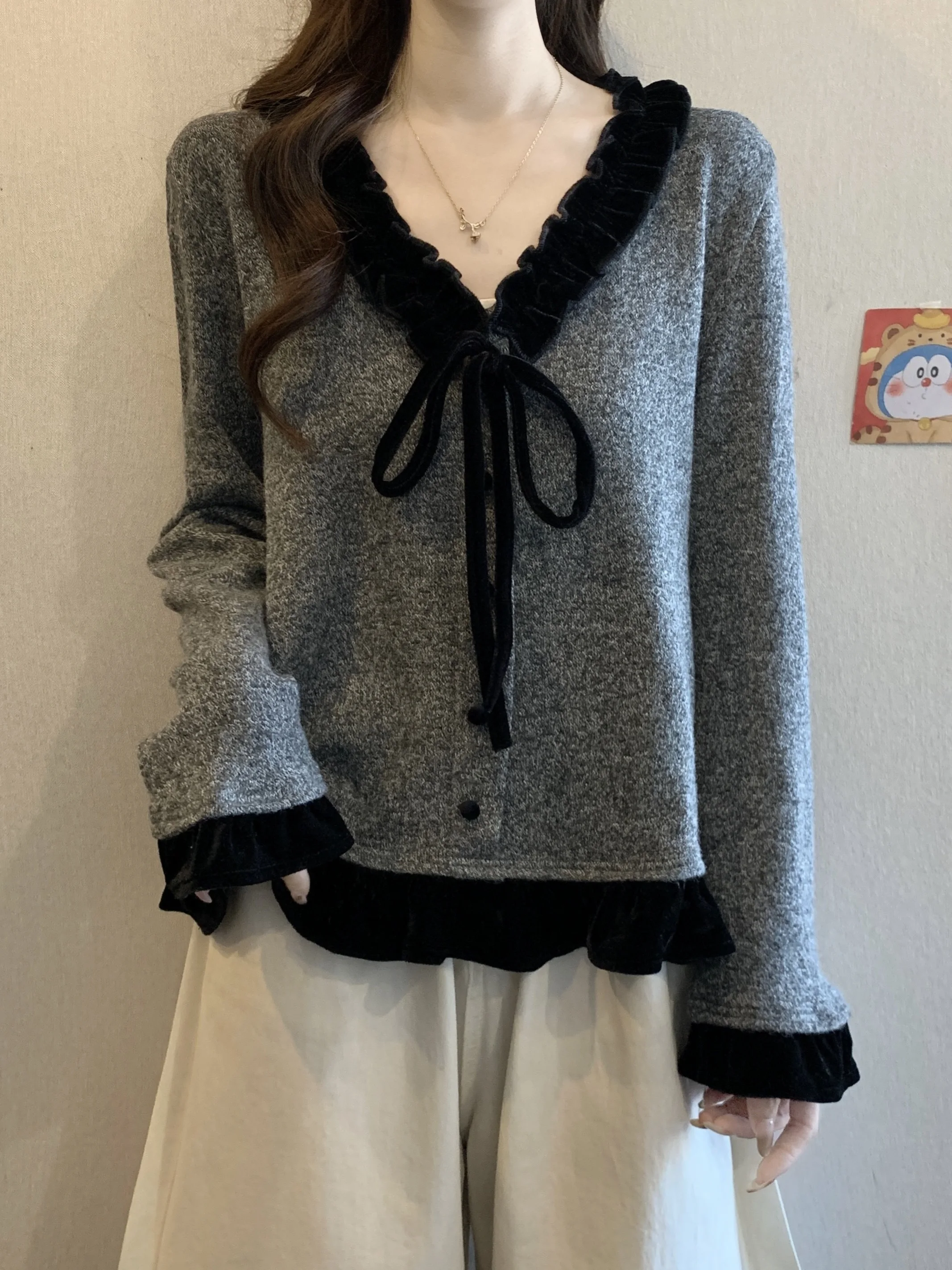 

Модный женский свитер с V-образным вырезом и узлом, омолаживающий образ, весна-осень, новинка, трикотаж