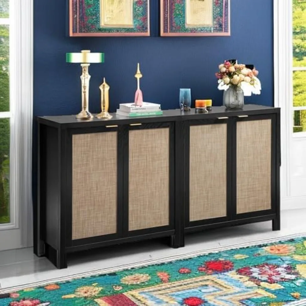 Black side panel storage cabinet - rattan cutlery cabinet, coffee bar with storage cabinet - large wooden cabinet in living room