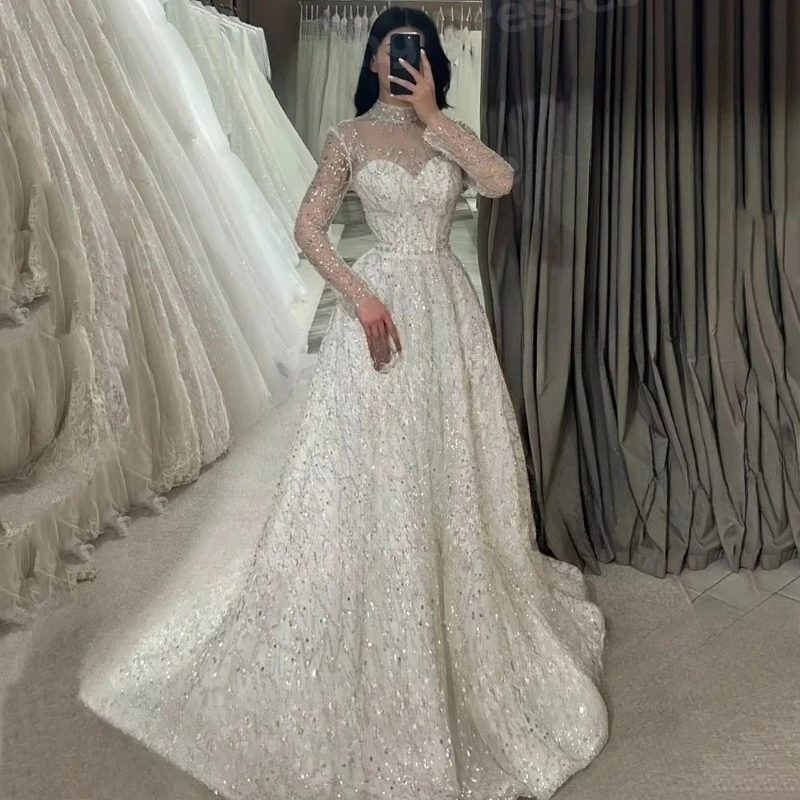 

2025 Custom Evening Dress Shiny A Line Ball Gown Lace High Neck Long Sleeved Wedding Dress Vestdos De Fiesta Customized