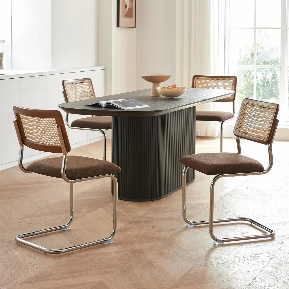 Wooden Mid-Century Modern Kitchen Chairs, Mesh Back Cane Dining Room Chairs, Design  with Metal Chrome Legs