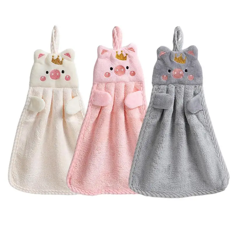 Hanging Kitchen Towels Quick Drying Cute Piggy Thick Towels Microfiber Coral Fleece Hanging Band Towel For Bathroom And Kitchen