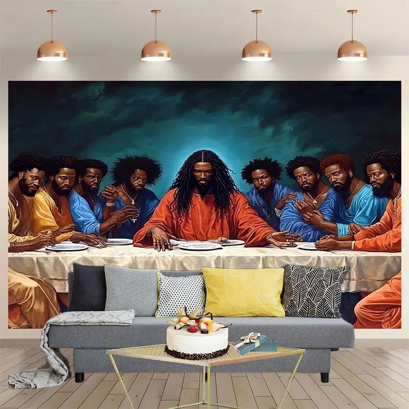 VIKAMA African American Last Supper Tapestry Black Jesus Religious Biblical Wall Hanging Christian Art Dorm Bedroom Wall Decor