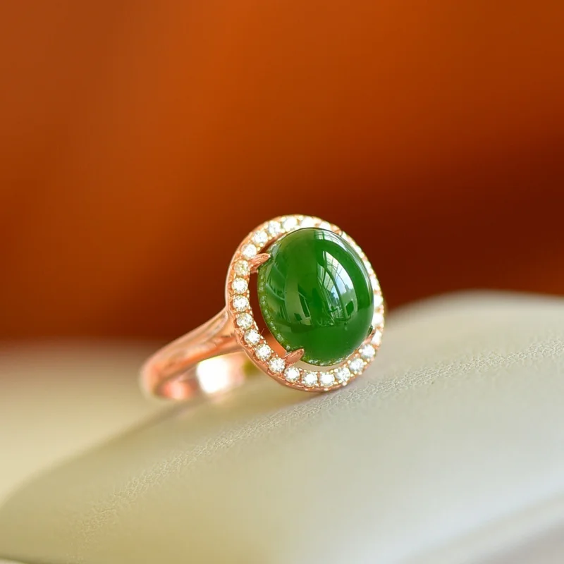 S925 silver inlaid Hetian jade , new model with dark green cabochon ring