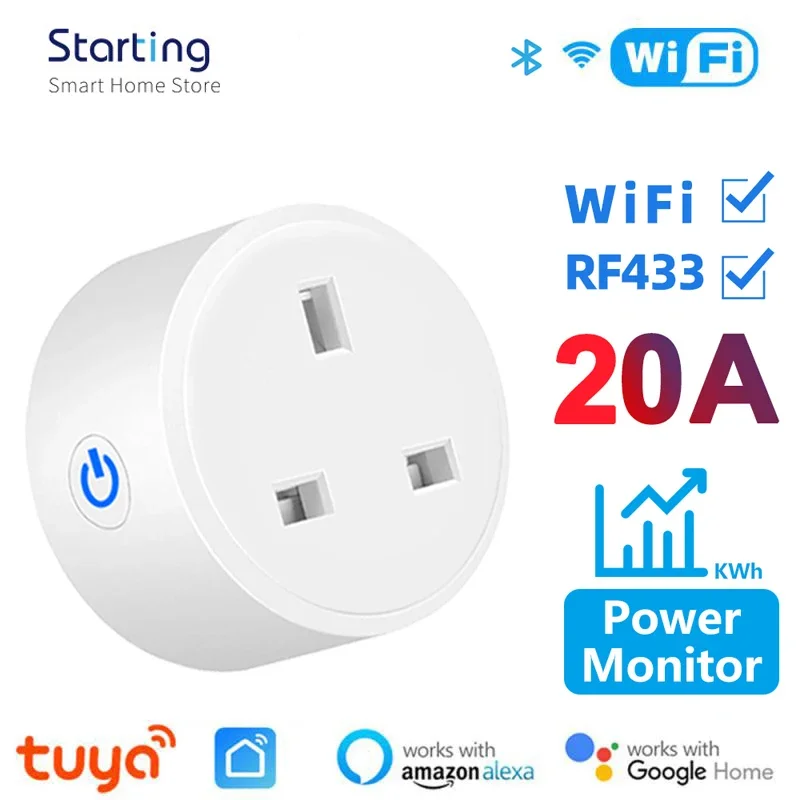 

Tuya WIFI+RF433 Smart Plug UK 20A Socket With Power Monitor Timing Function APP Voice Control Works With Alexa Google Home