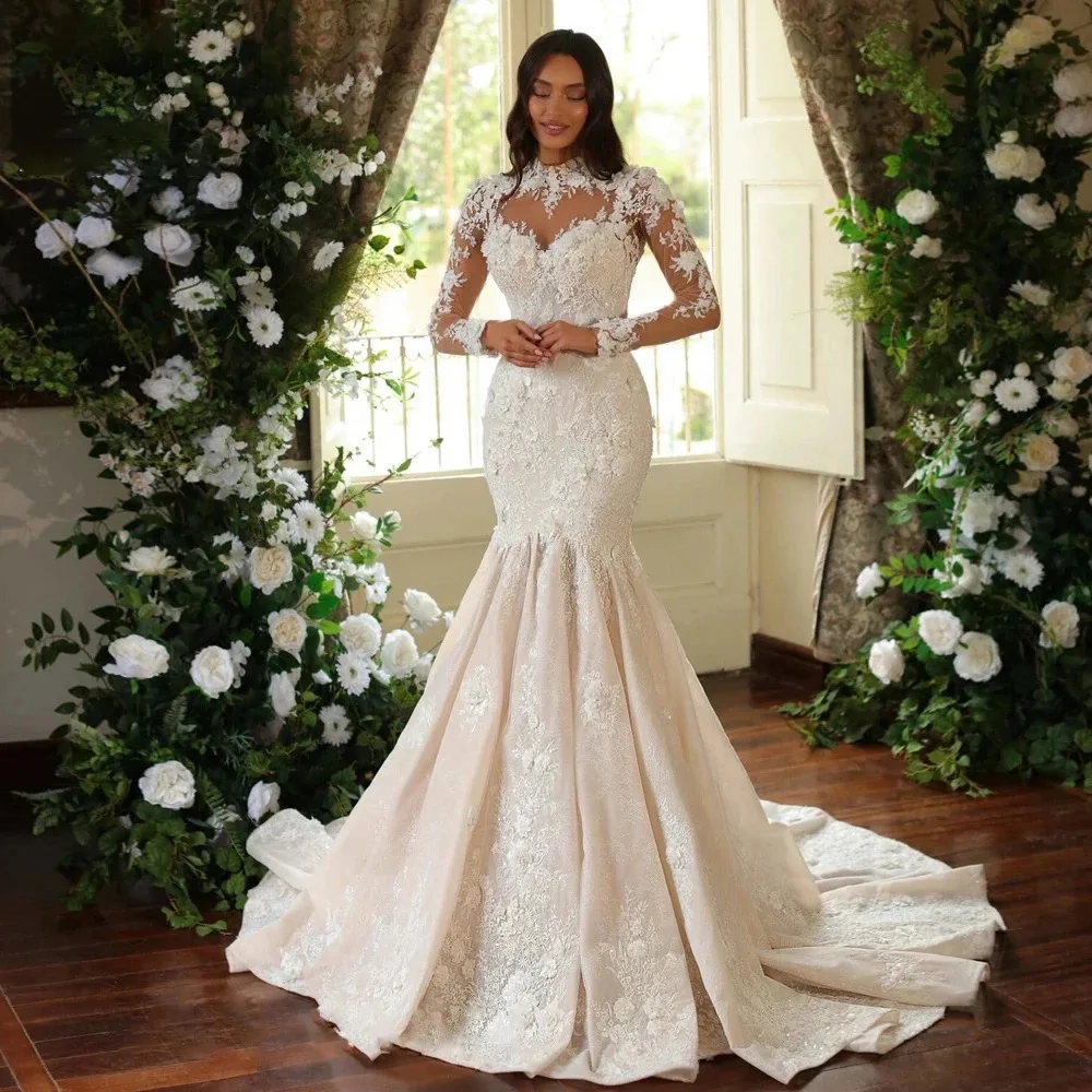 

Gorgeous High Neck Beading Mermaid Wedding Dress Vintage Floral Lace Applique Vestido De Novia Bridal Gown Robe Mariee Customize