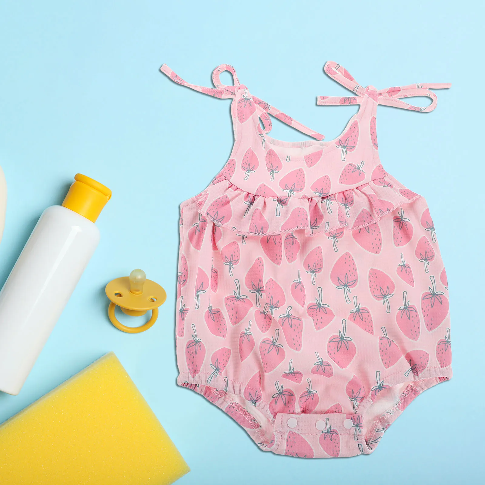 رومبير الفراولة طفلة بلا أكمام قطعة واحدة ملابس الصيف الوليد تصميم الفاكهة الوردية تنفس ملابس الرضع الناعمة #4
