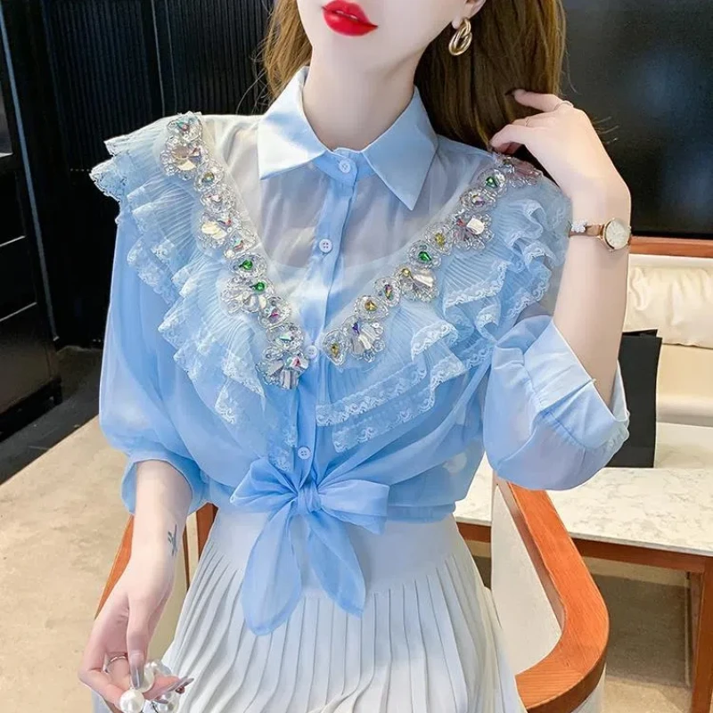 Spring Autumn New Fashion Solid Color POLO Colla Long Sleeve Women\'s Clothing Shirts Diamonds Lace Button Chiffon Sweet Blouses