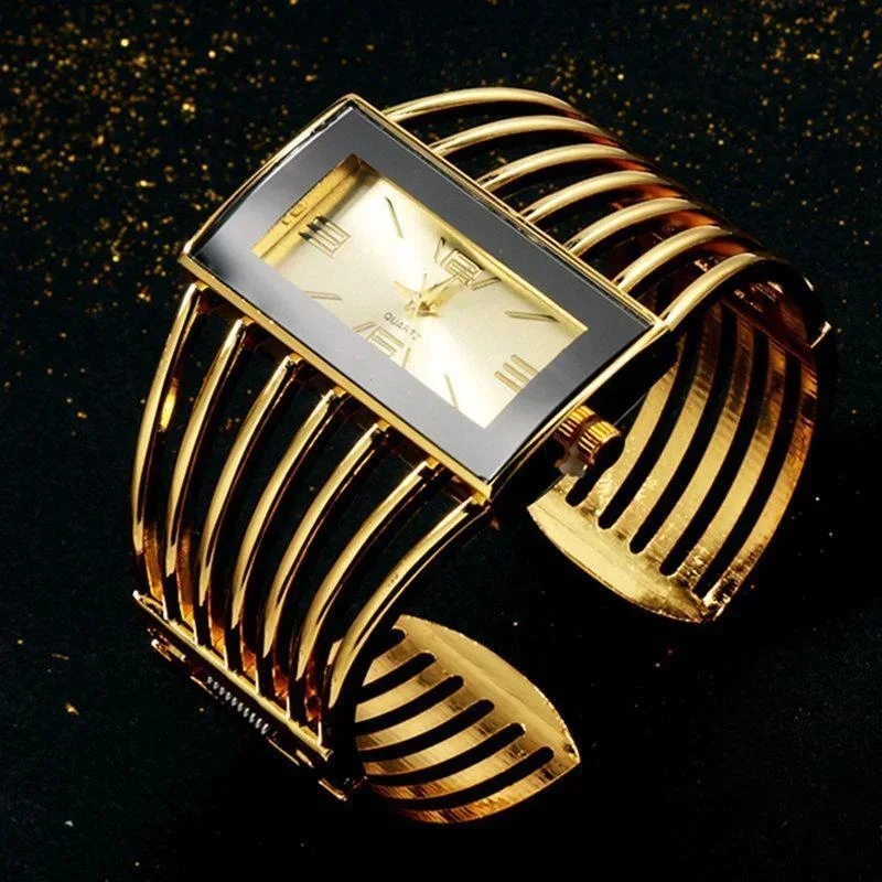 Women Luxury Cuff Bracelet Rectangular Dial Hollow Analog Quartz Wrist Watch for Ladies