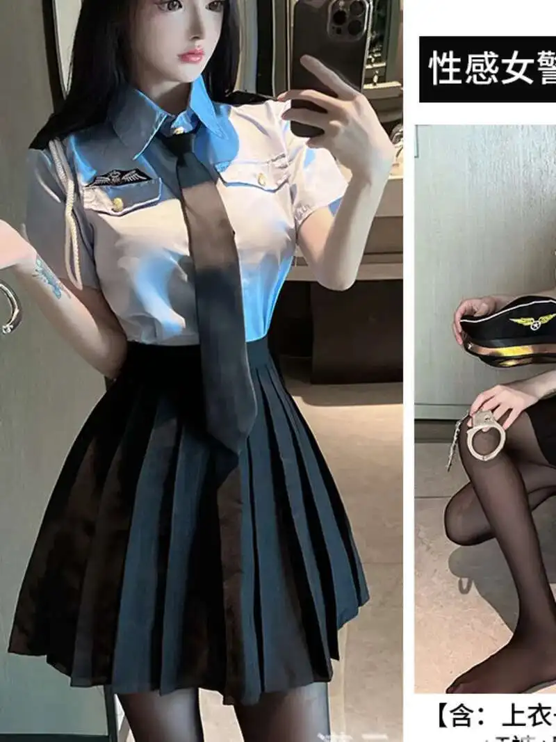 Sweet Korean Women Mini Dress Sexy Policewoman Uniform Seduction Cosplay Professional Clothes Hot Dress Elegant Tops FX8S