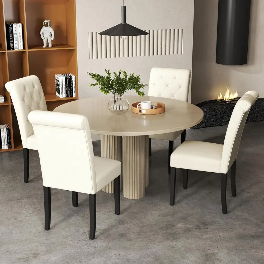 Пара современных обеденных стульев с обивкой из льна, тафтинговой спинкой и ножками из массива дерева для дома или ресторана (бежевый)