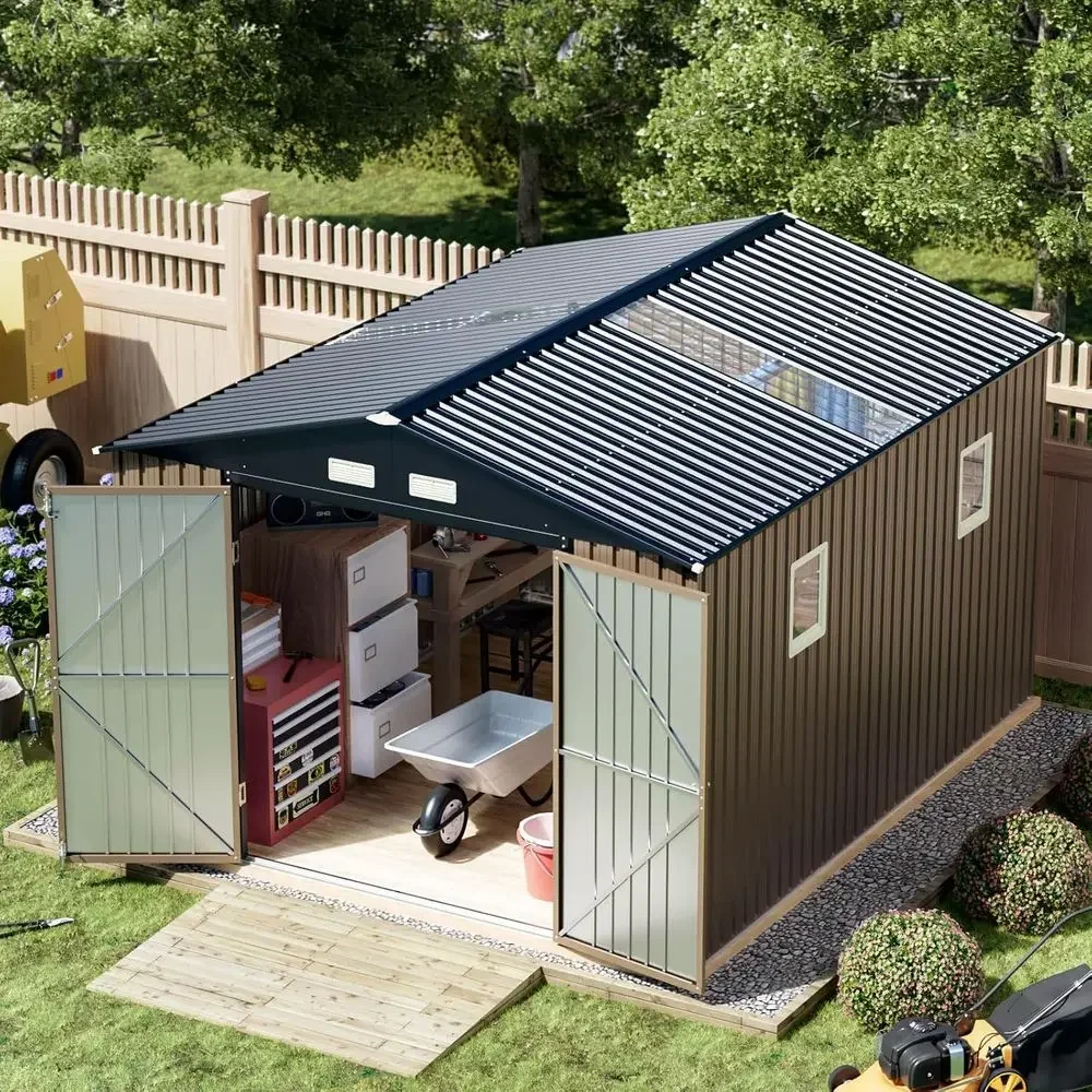 10x12 Outdoor Storage Shed with Skylight Roof, Metal Garden Tool Shed, Lockable Door & Windows, Large Utility Shed for Patio & B