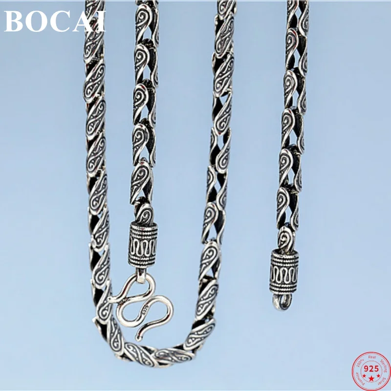 

BOCAI S925 Sterling Silver Necklace for Women Men New Fashion Safety Pattern Cross Twist Bamboo-chain Punk Jewelry Free Shipping