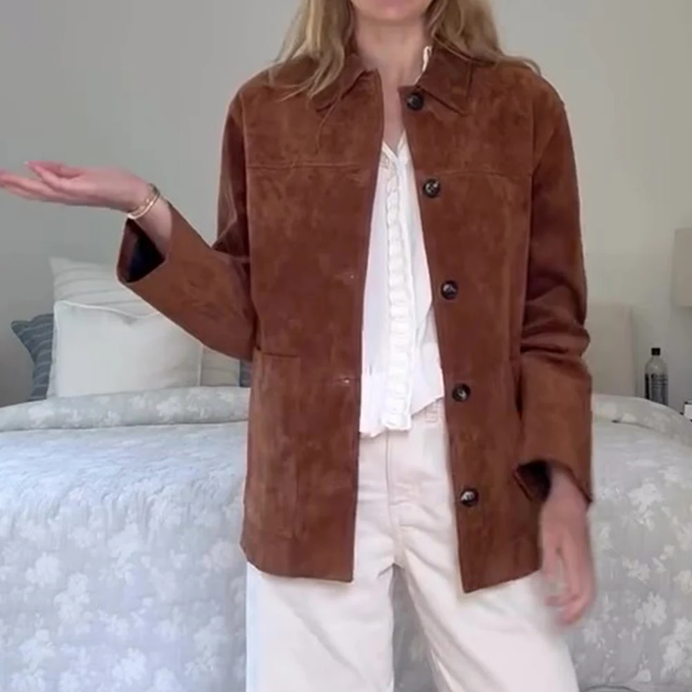 KONDALA Chic Streetwear Casual Suede Women Outwears Fashion 2025 Autumn Single Breasted Pockets Straight Vintage Female Jackets