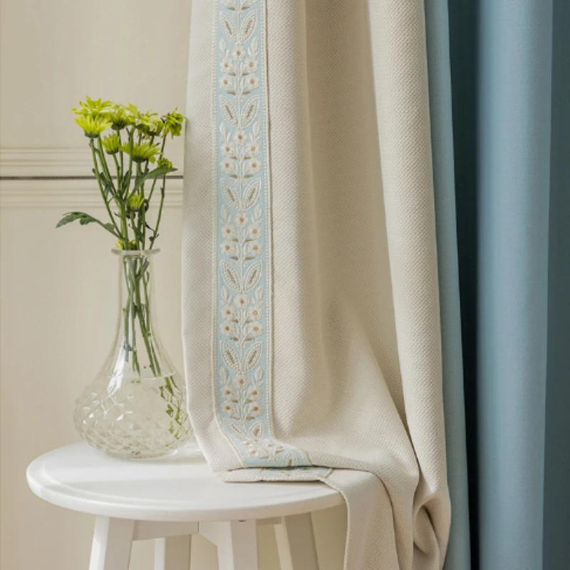 French Curtains for Living Dining Room Bedroom Cream Wind Blue Window Stitching Fabric Thickened Study Curtain Customization