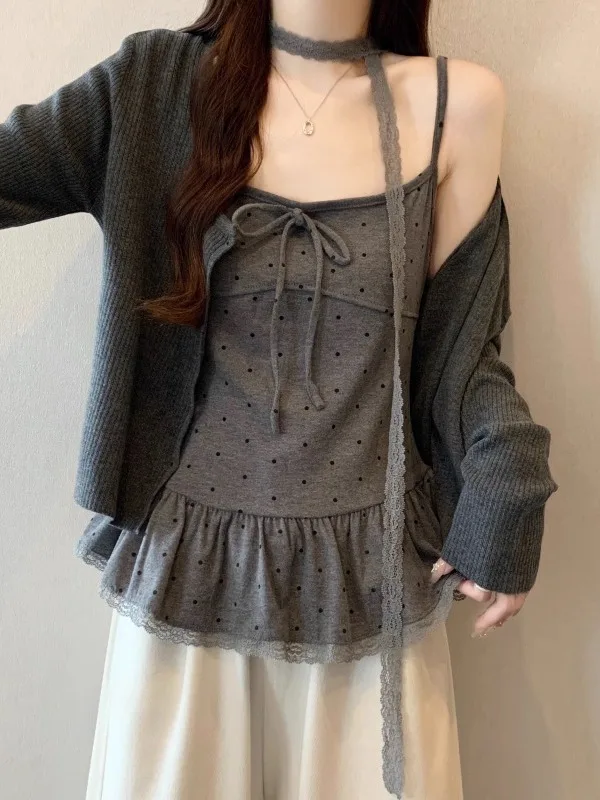 

Spring 2026 plus Size Lace Trimed Polka Dot Knitted Vest And Open Cardigan Two Piece Set for Young Women Casual Commute Style