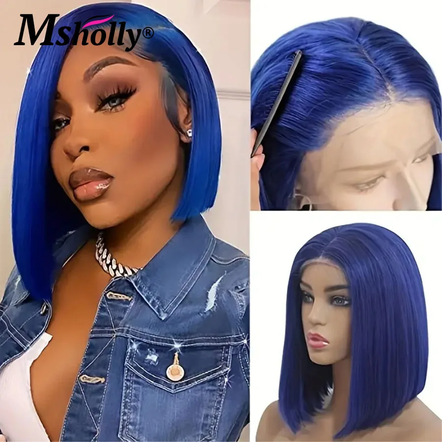 Sapphire Blue Short Bob Wigs 100% Human Hair 13X4 Transparent Lace Frontal Wigs Brazilian Straight Short Bob Wig For Black Women