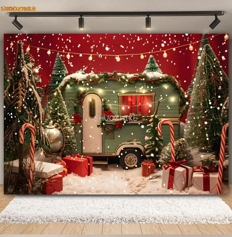 Sfondo fotografico per camion di Natale Albero di Natale Foresta invernale Neve Canna di zucchero Regali Ritratto per bambini Sfondo fotografico per feste in famiglia