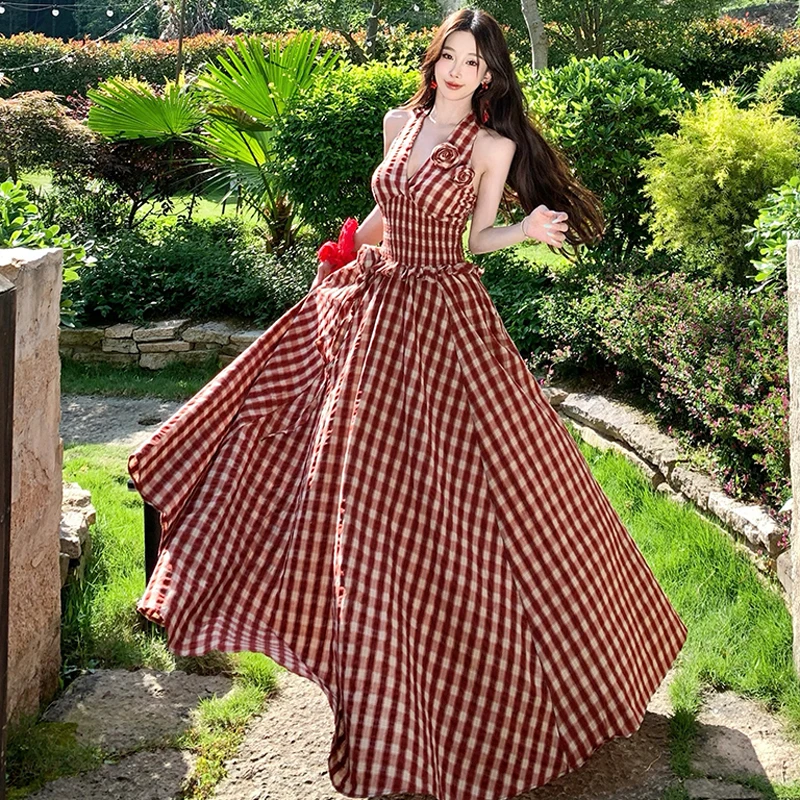 

Boho Fashion Red Plaid Holiday Beach Long Dress 2025 Summer Women Sexy Deep V-Neck Backless High Waist Big Swing Maxi Dress
