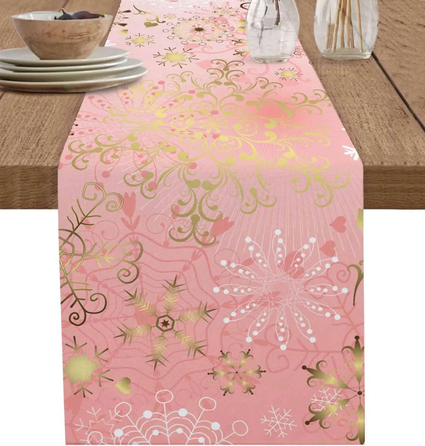 

Christmas Navy Blue Gold Snowflakes Linen Table Runner for Table Decor Xmas Kitchen Dining Table Runners Christmas Decorations