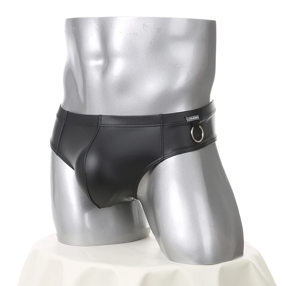 Faux Leather Briefs Men Underwear Underpants Very Hot Lingerie Low Rise Bikini Metal Ring Decor Trunks Extreme Men's Panties