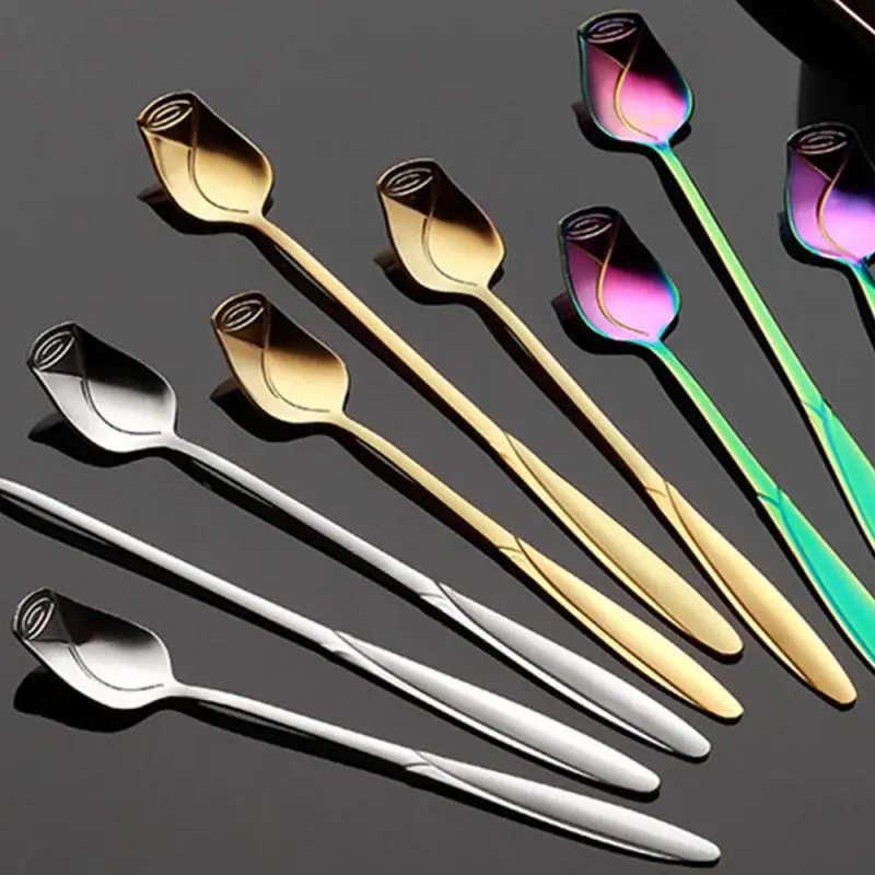 Coffee Spoons Stainless Steel Teaspoons Rose Flower Shaped Coffee Scoops Long Handle Gold Teas Spoons For Stirring Kitchen Tool