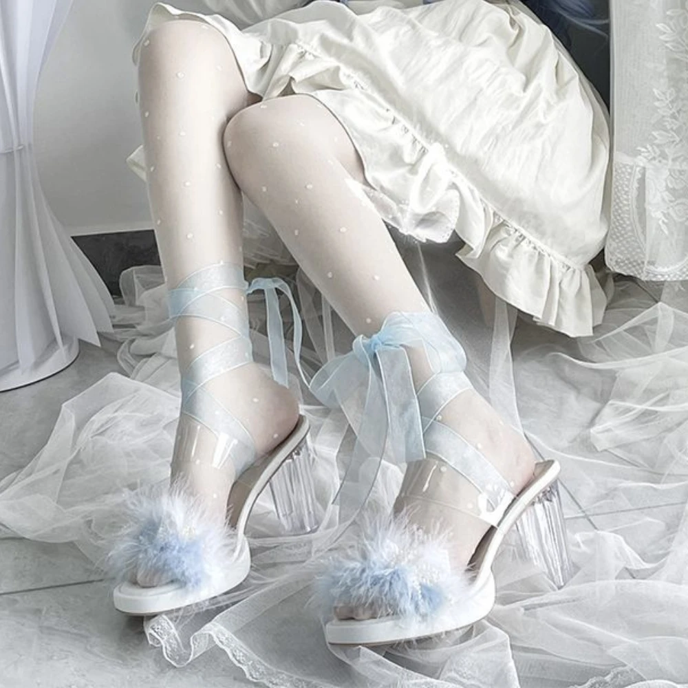 

Lolita Shoes Feathers Summer Heels for Women Sweet Cute Dress Sandals Platform Slippers Shoes Designer Sandalias