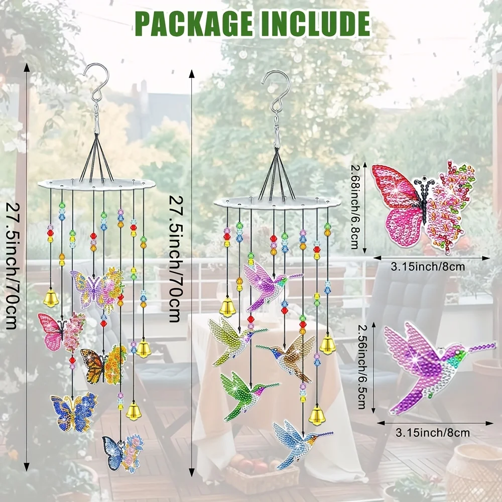 2-Pack Butterfly Hummingbird Shape Diamond Art Painting Wind Chimes