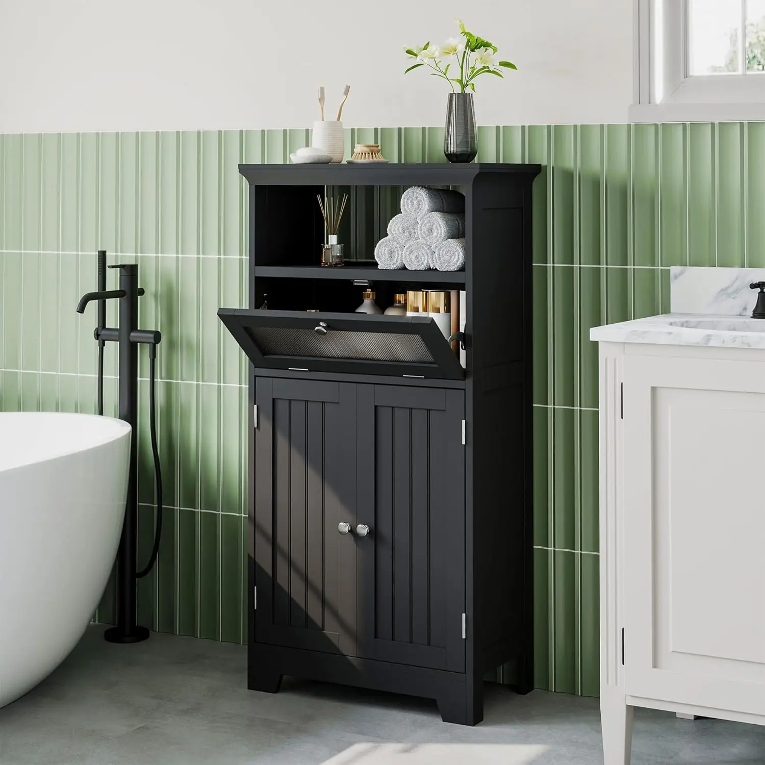 

Freestanding Bathroom Cabinet with Flip Glass Drawer, 2 Doors, Adjustable Shelf, Open Storage for Bathroom, Living Room, Hallway
