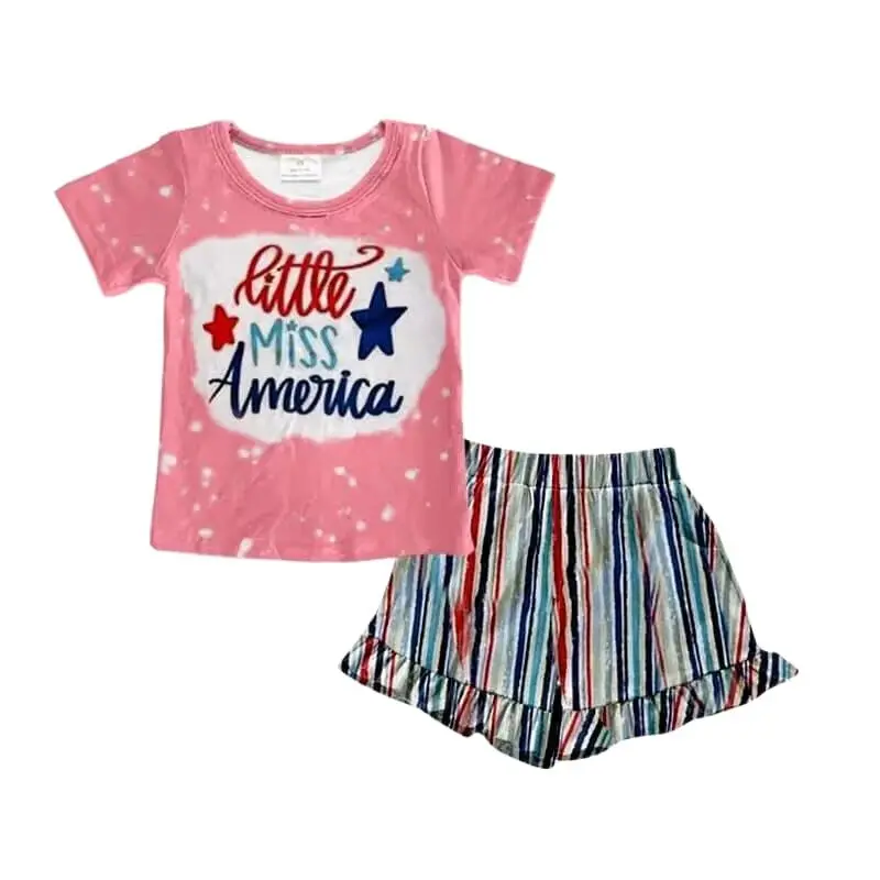 

Independence Day 4th of July Girls Collection Clothing Summer Boutique Girls Short Sleeve Suit Pink Printed Top Striped Shorts